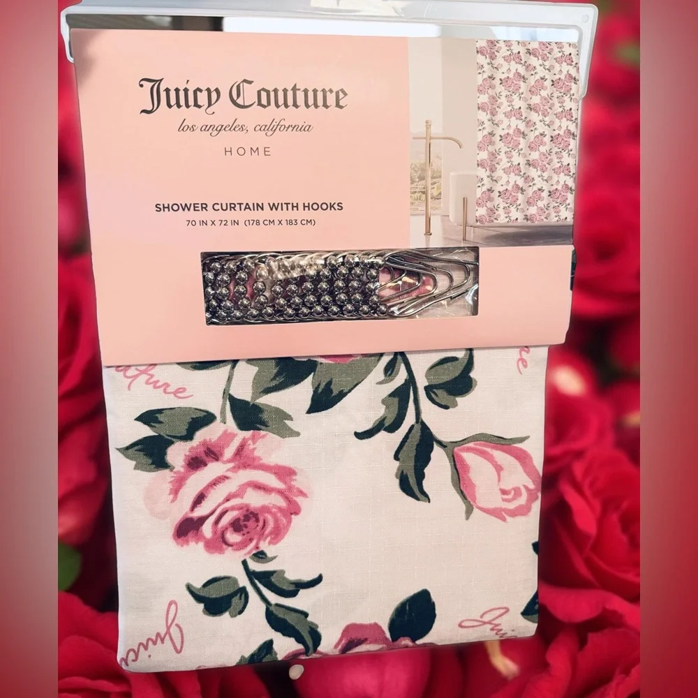 Juicy Couture Los Angeles NWT Beautiful Pink Rose Floral Shower Curtain & Hooks